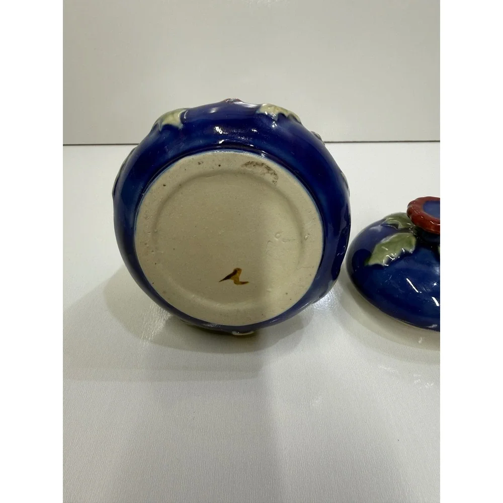 Blue Ceramic Holly Berry Jam Honey Pot with Lid Christmas Holiday Decor